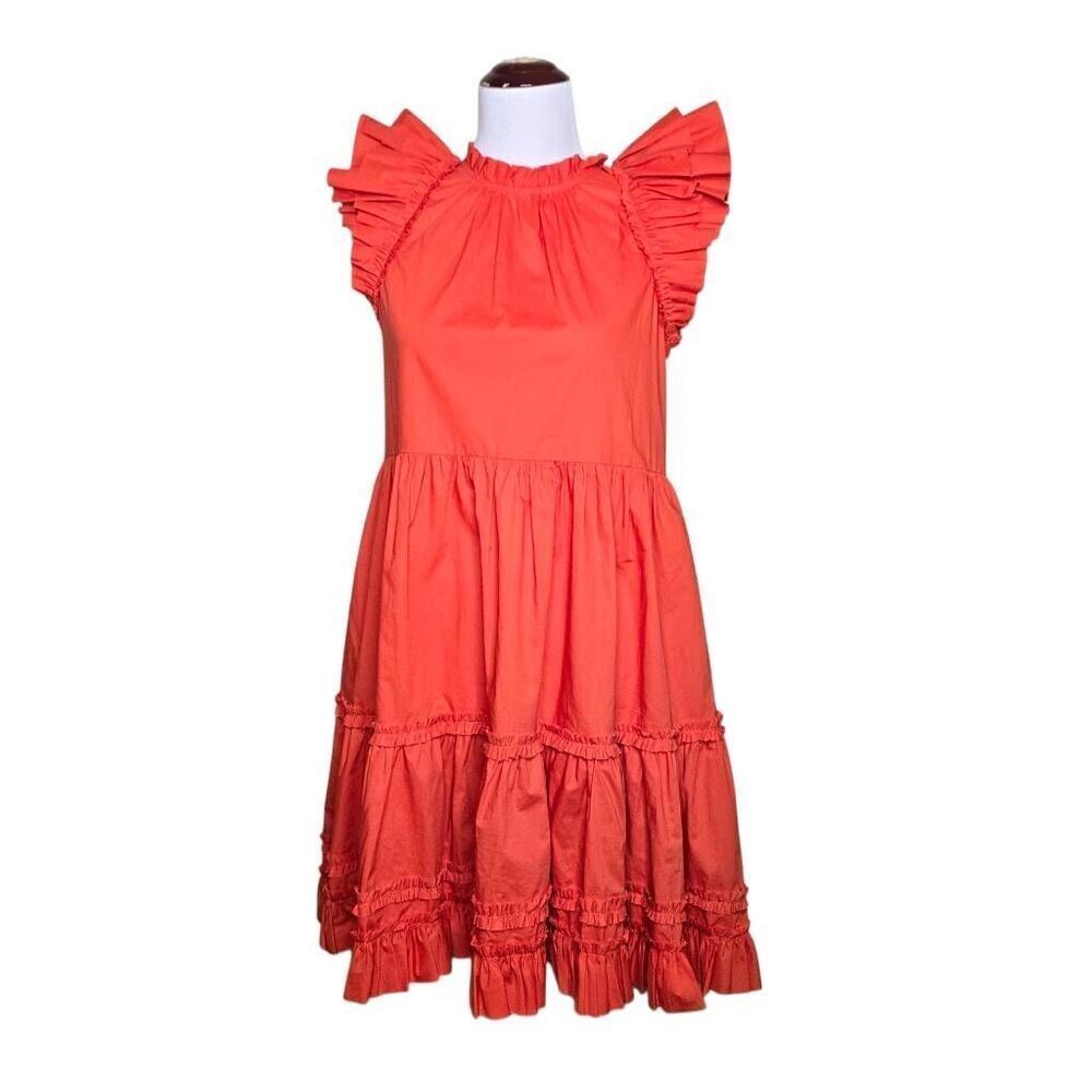 Ulla Johnson Joan Mini Dress Orange Coral Tiered Ruffle Pockets Sz 6